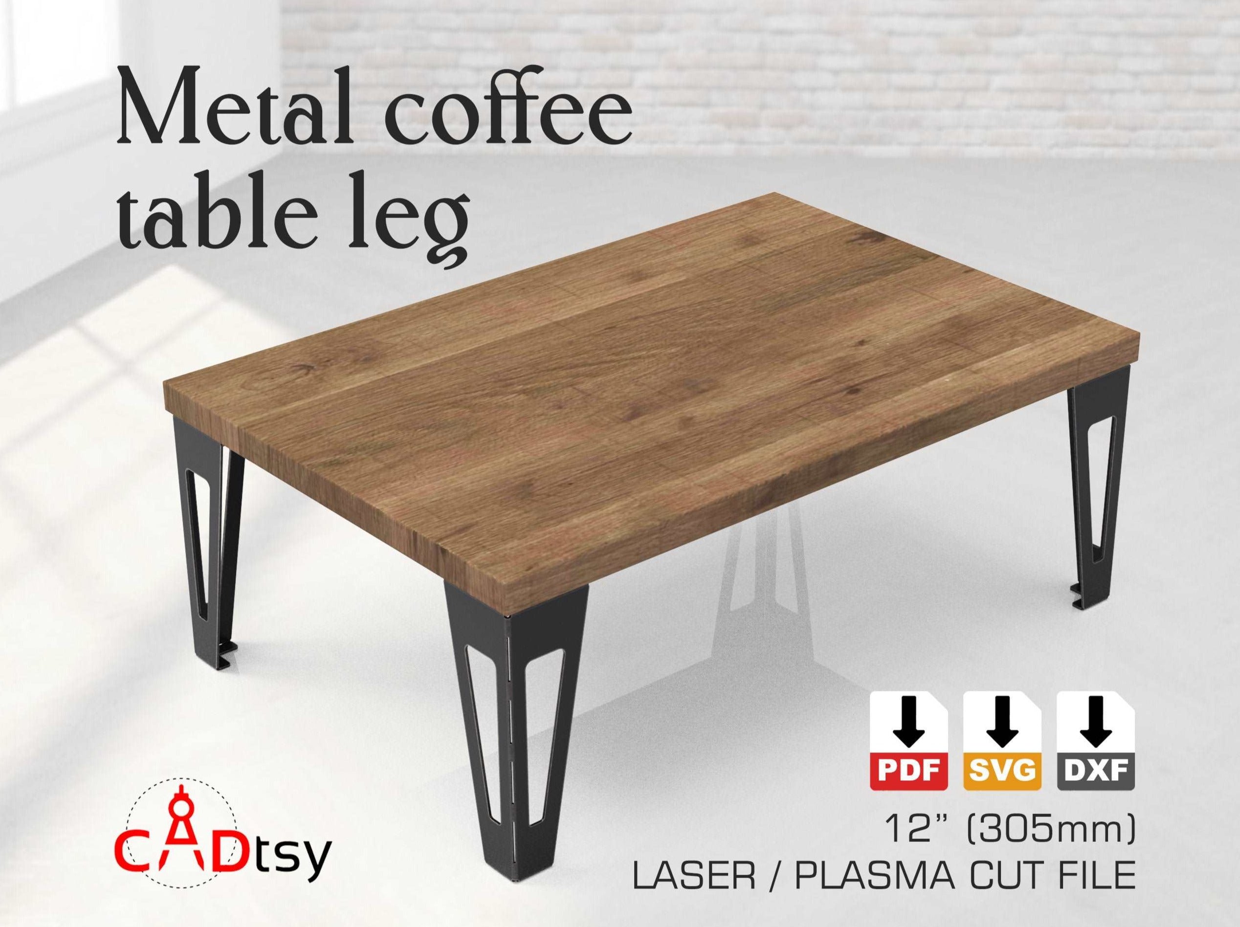 A set of industrial-style metal table legs in two different heights, created from CNC plans, shown ready for a furniture project.