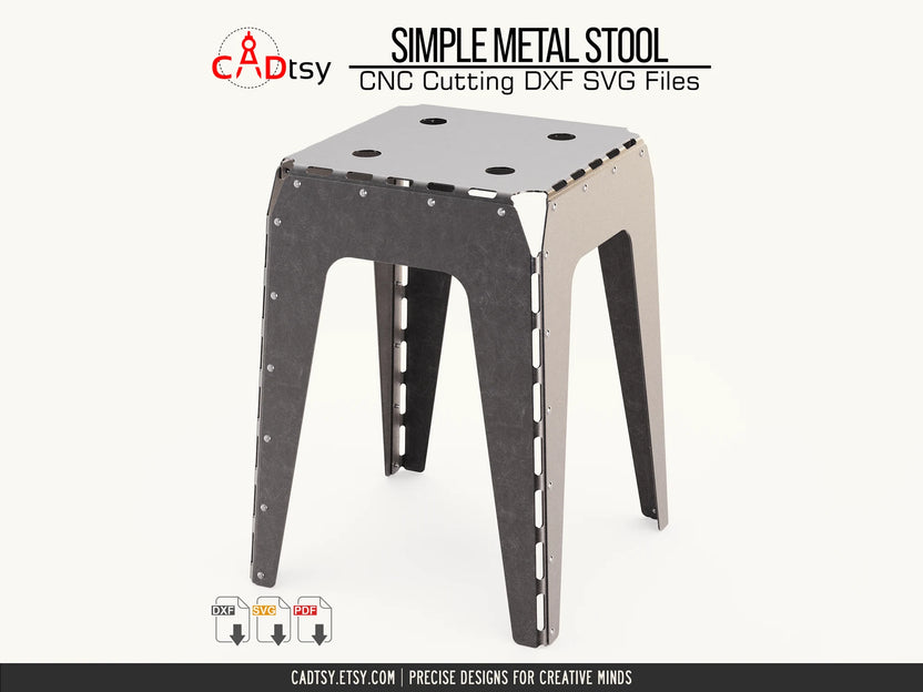 Front view of industrial metal stool with riveted panels and slotted bending edges
