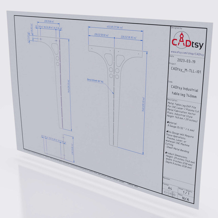 Technical drawing for 29 inch industrial table leg