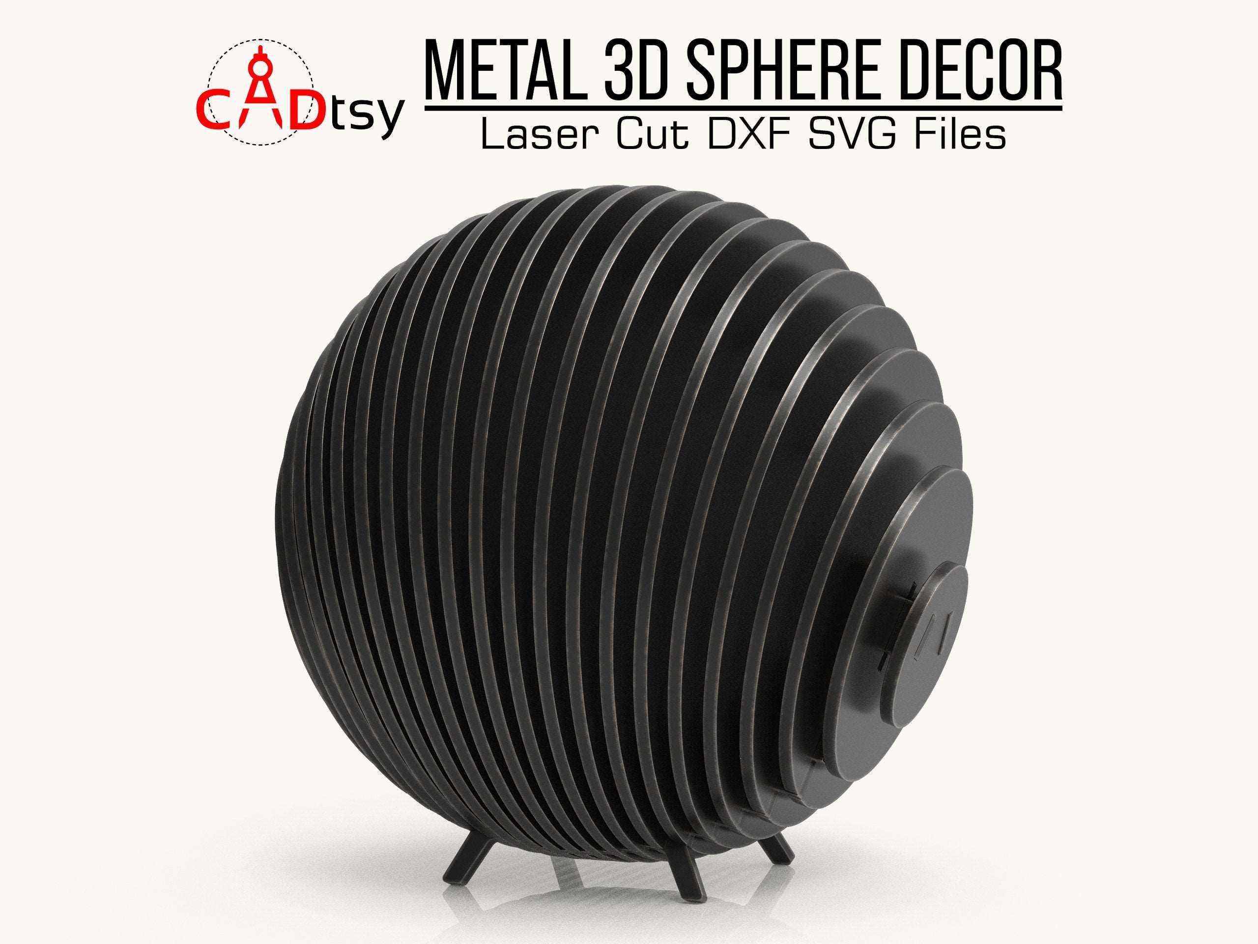 A modern, 3D metal sphere sculpture, made from a DXF file, shown as a decorative object in a garden.
