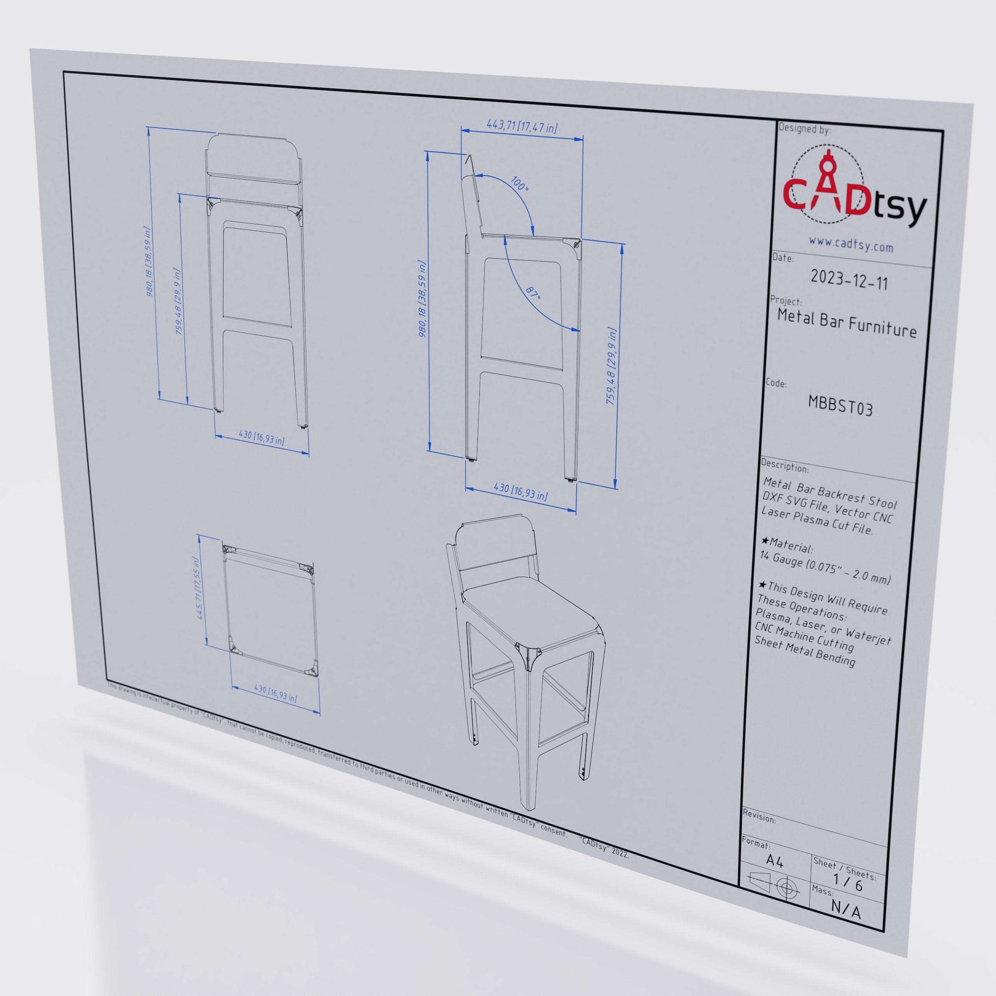 Metal Bar Backrest Stool CNC plasma laser DXF SVG Cutting files, building plans, sheet metal bending plans