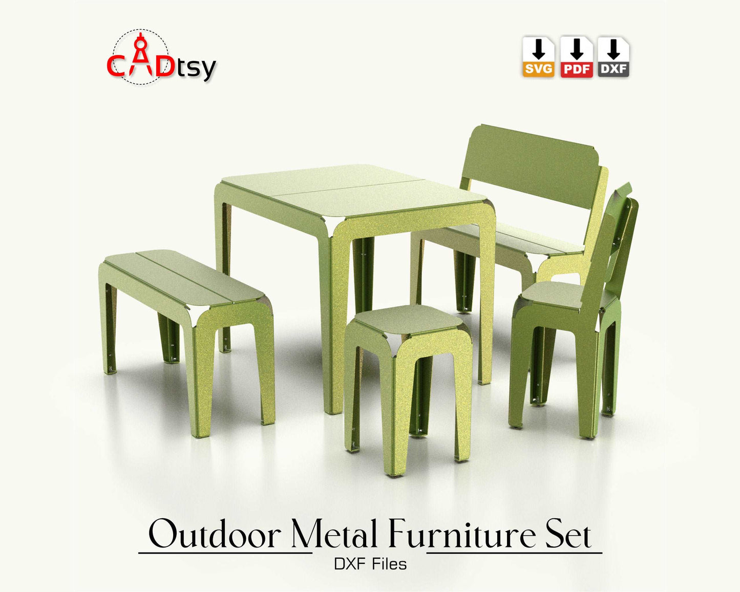 Outdoor metal CNC laser/plasma cut set for kids: table, bench, backrest bench, stool, and backrest stool. Modern style, heavy-duty design. Perfect for a patio or garden, combining style and durability for children&#39;s outdoor furniture.