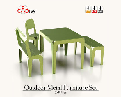 Outdoor metal CNC laser/plasma cut set for kids: table, bench, backrest bench, stool, and backrest stool. Modern style, heavy-duty design. Perfect for a patio or garden, combining style and durability for children&#39;s outdoor furniture.