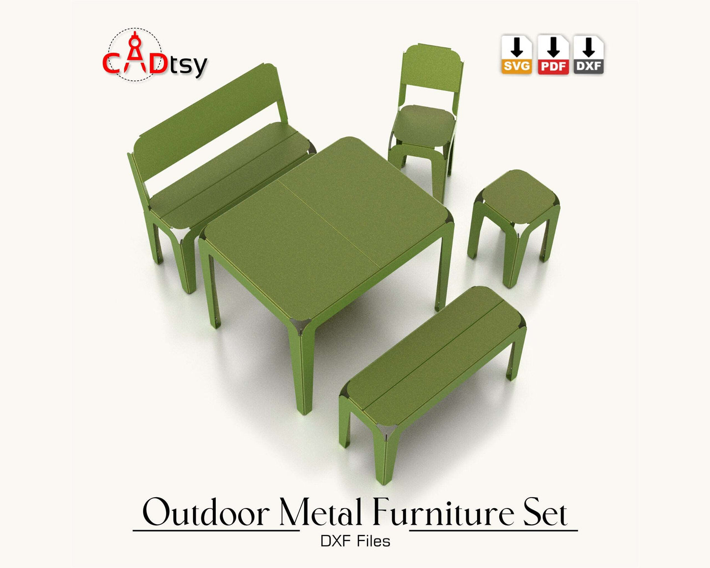 Outdoor metal CNC laser/plasma cut set for kids: table, bench, backrest bench, stool, and backrest stool. Modern style, heavy-duty design. Perfect for a patio or garden, combining style and durability for children&#39;s outdoor furniture.