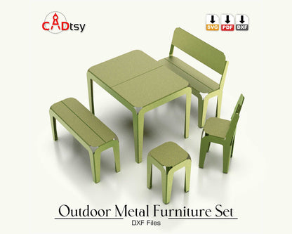 Outdoor metal CNC laser/plasma cut set for kids: table, bench, backrest bench, stool, and backrest stool. Modern style, heavy-duty design. Perfect for a patio or garden, combining style and durability for children&#39;s outdoor furniture.