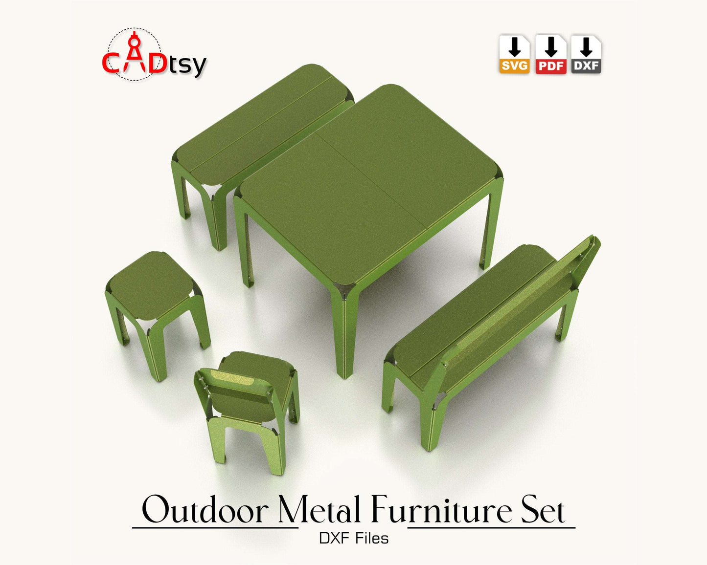 Outdoor metal CNC laser/plasma cut set for kids: table, bench, backrest bench, stool, and backrest stool. Modern style, heavy-duty design. Perfect for a patio or garden, combining style and durability for children&#39;s outdoor furniture.