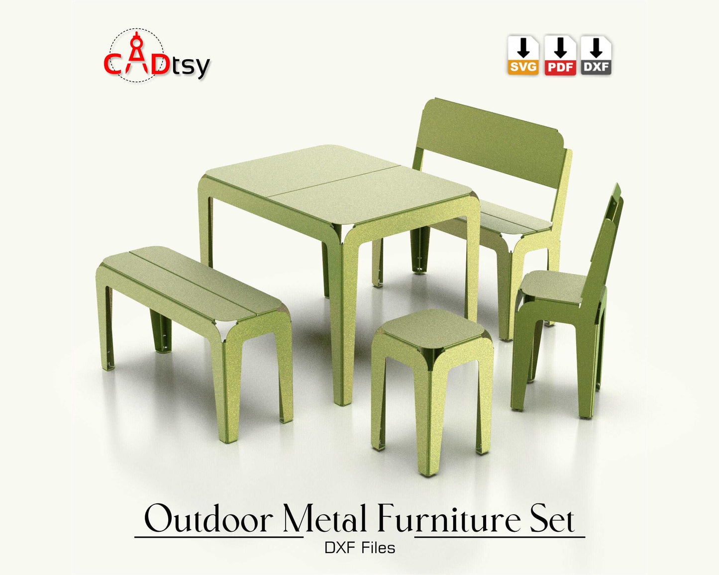 Outdoor metal CNC laser/plasma cut set for kids: table, bench, backrest bench, stool, and backrest stool. Modern style, heavy-duty design. Perfect for a patio or garden, combining style and durability for children&#39;s outdoor furniture.