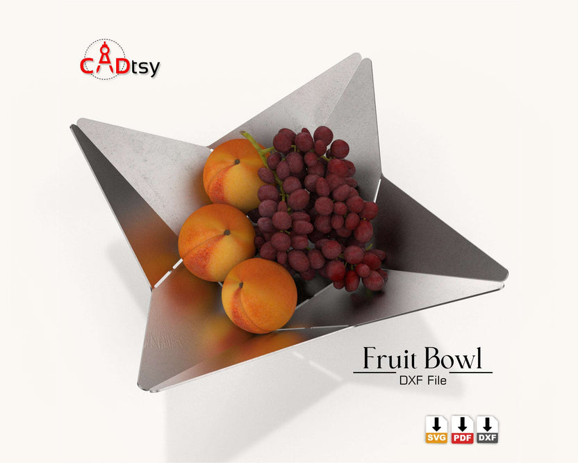 Silver origami metal fruit bowl with oranges and grapes