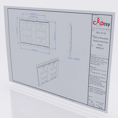 Digital rendering of a Milwaukee Packout Mounting Plate design file for CNC laser/plasma cutting, showcasing detailed dimensions and specifications for versatile truck, UTV, and workshop mounting solutions