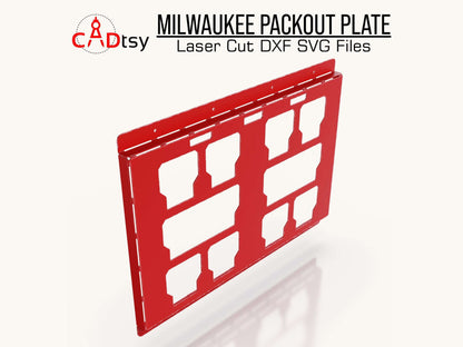 Milwaukee Packout Plate digital rendering, showcasing a metallic grey CNC laser-cut mounting plate with square and rectangle patterns, available in DXF and SVG file formats for CNC fabrication