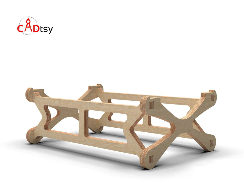 Low angle view of wooden PC tower stand side rails