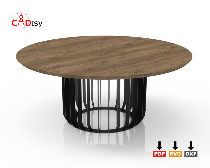 Finished round radial metal table base shown under a wood tabletop