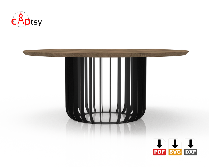 Side view of radial steel table base with round tabletop