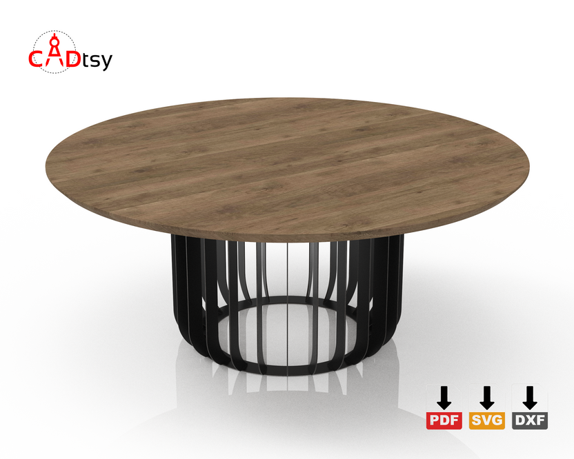 Angled view of round radial table base with wood tabletop