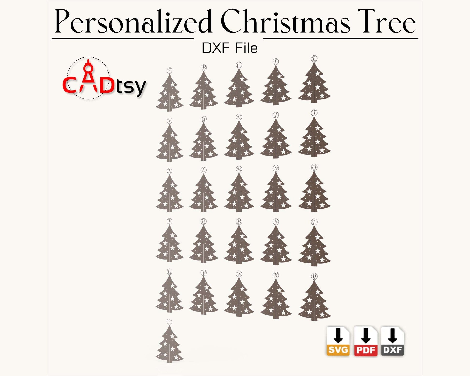 Personalized Christmas Tree DXF / SVG Files, Laser Cut Pattern, Full Alphabet A-Z, Digital Download.