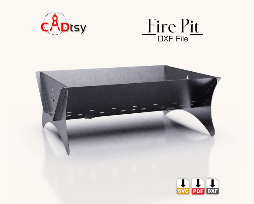 Portable steel fire pit with curved legs, long side view