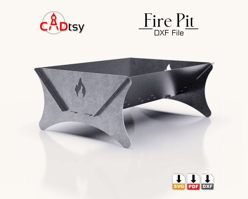 Portable steel fire pit with flame cutout, front three-quarter view