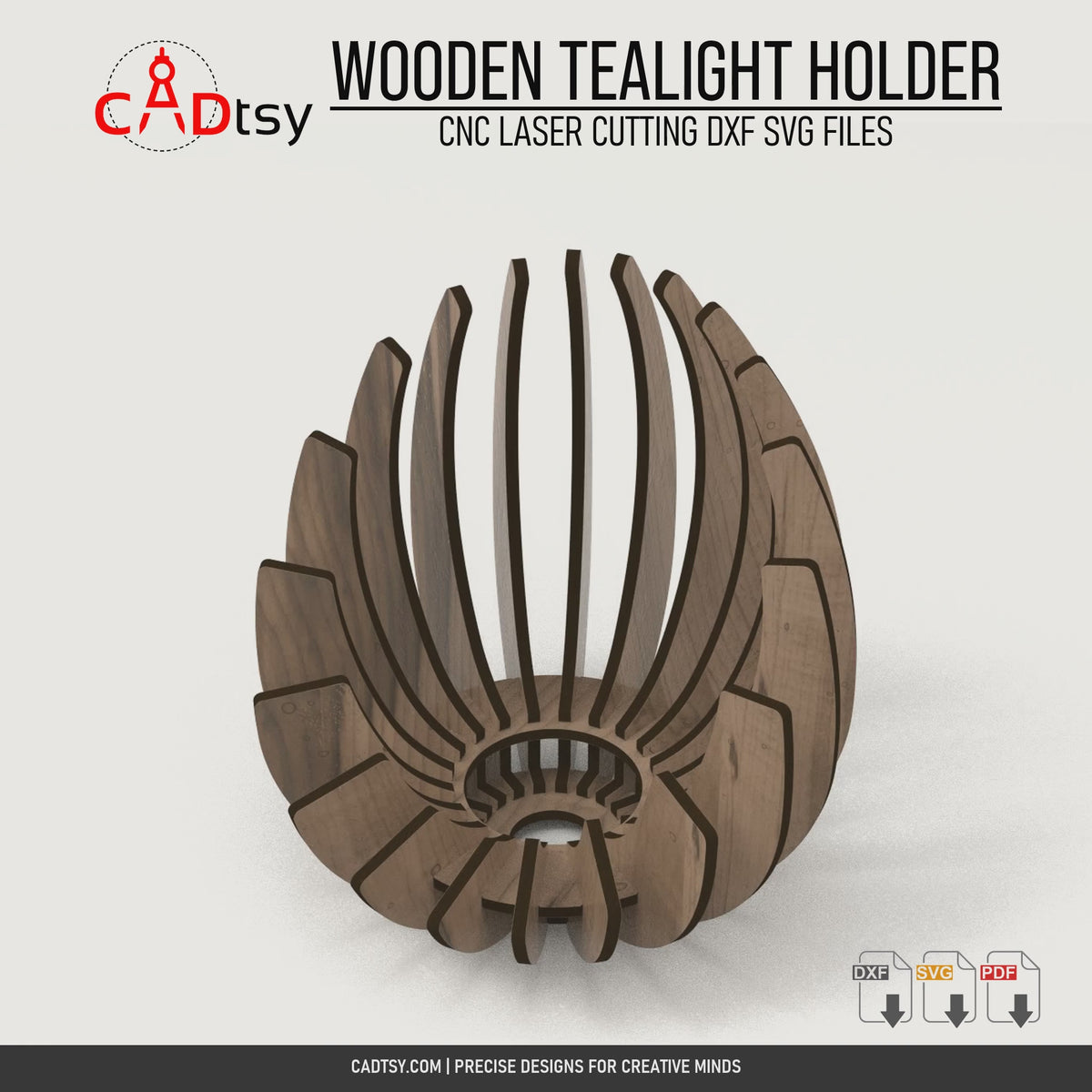 Rotating view of the assembled wooden tealight holder for CNC laser cutting