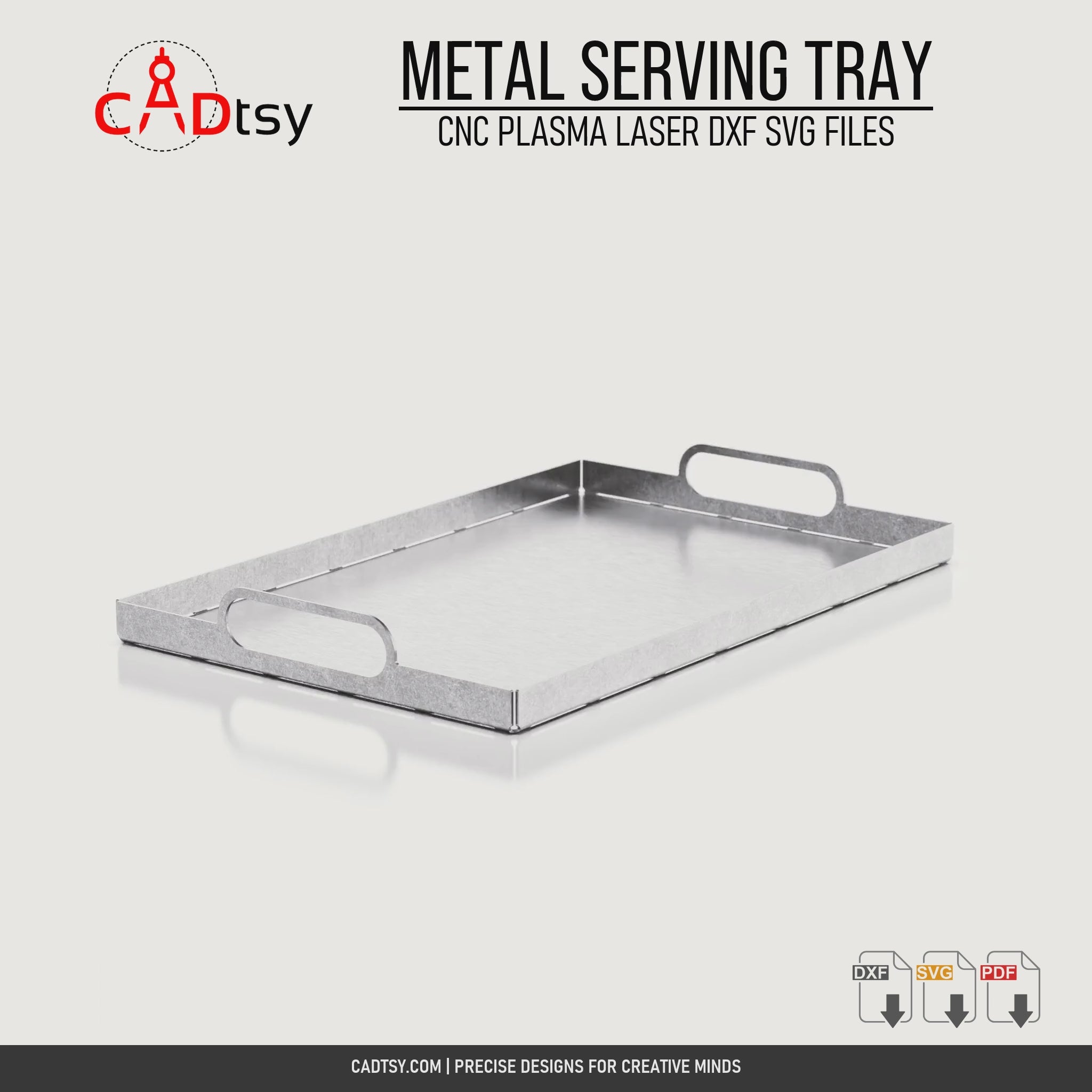 Rotating view of the formed metal serving tray with integrated handles