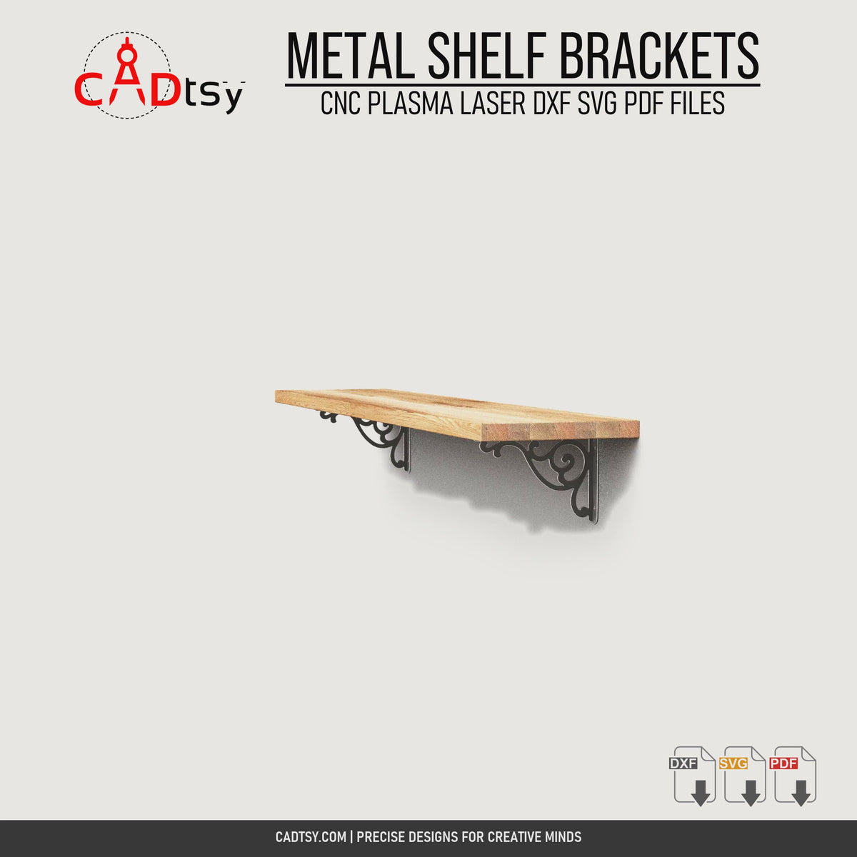 Rotating installed shelf view showing decorative CNC-cut metal shelf brackets