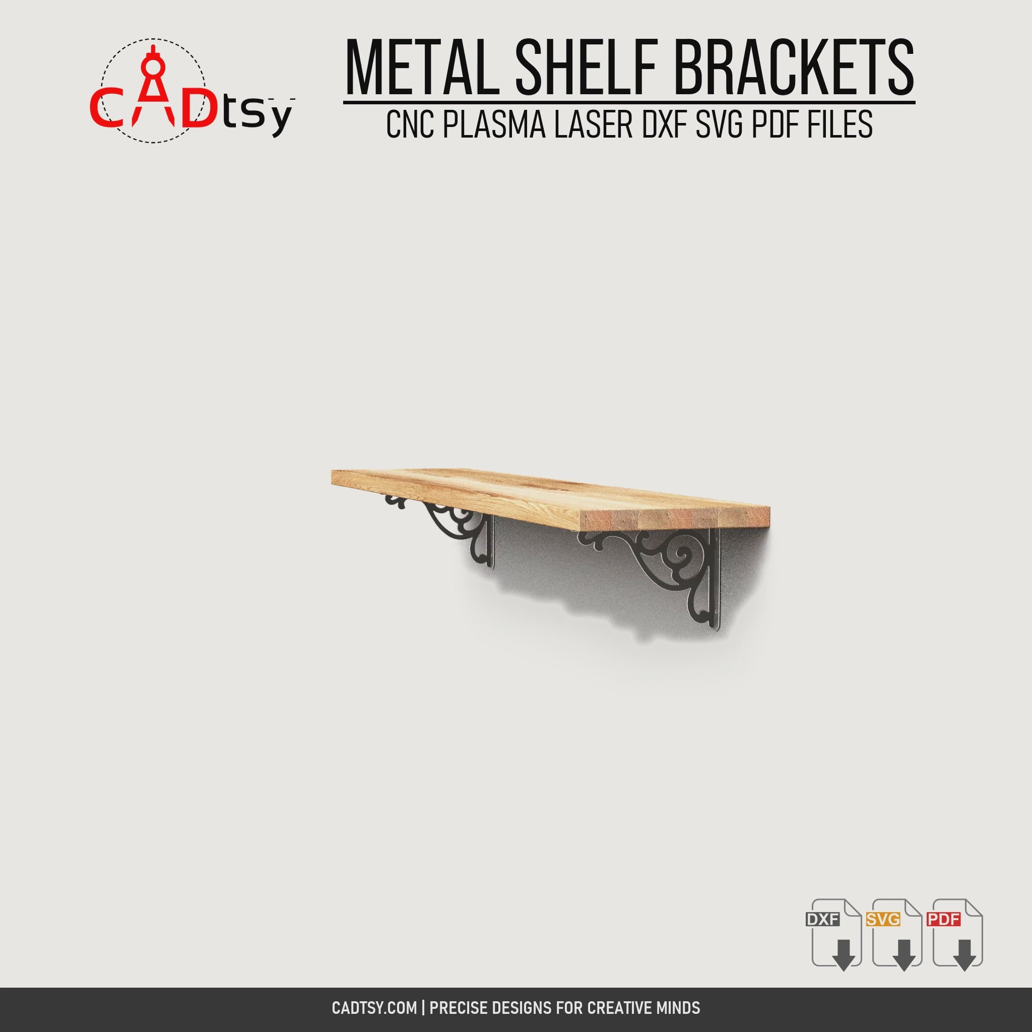Rotating installed shelf view showing decorative CNC-cut metal shelf brackets