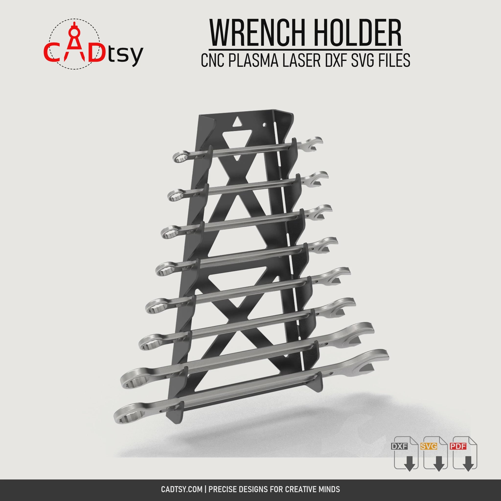 Rotating view of the metal wrench holder loaded with combination wrenches