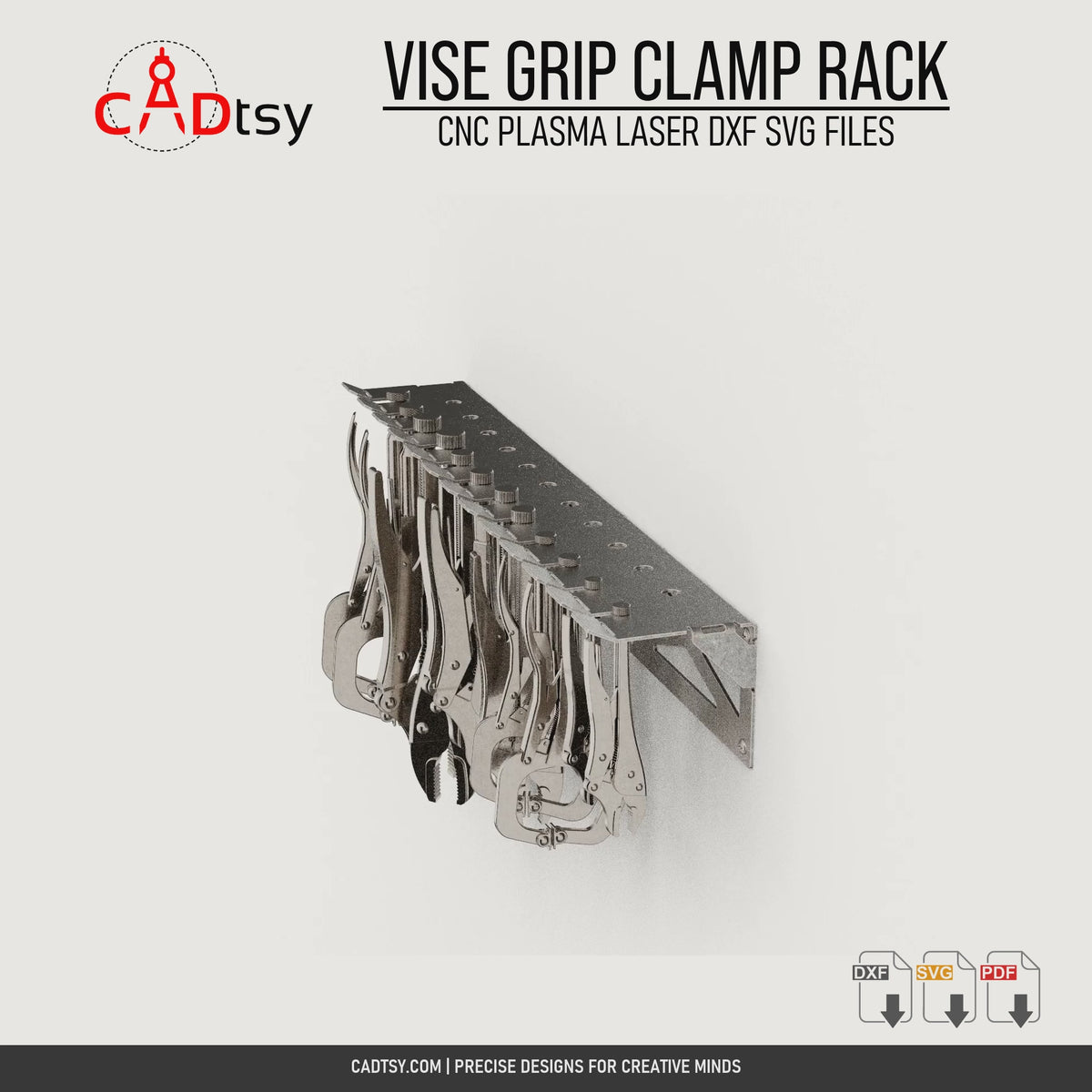Rotating views of the wall-mounted vise grip clamp rack holding locking pliers