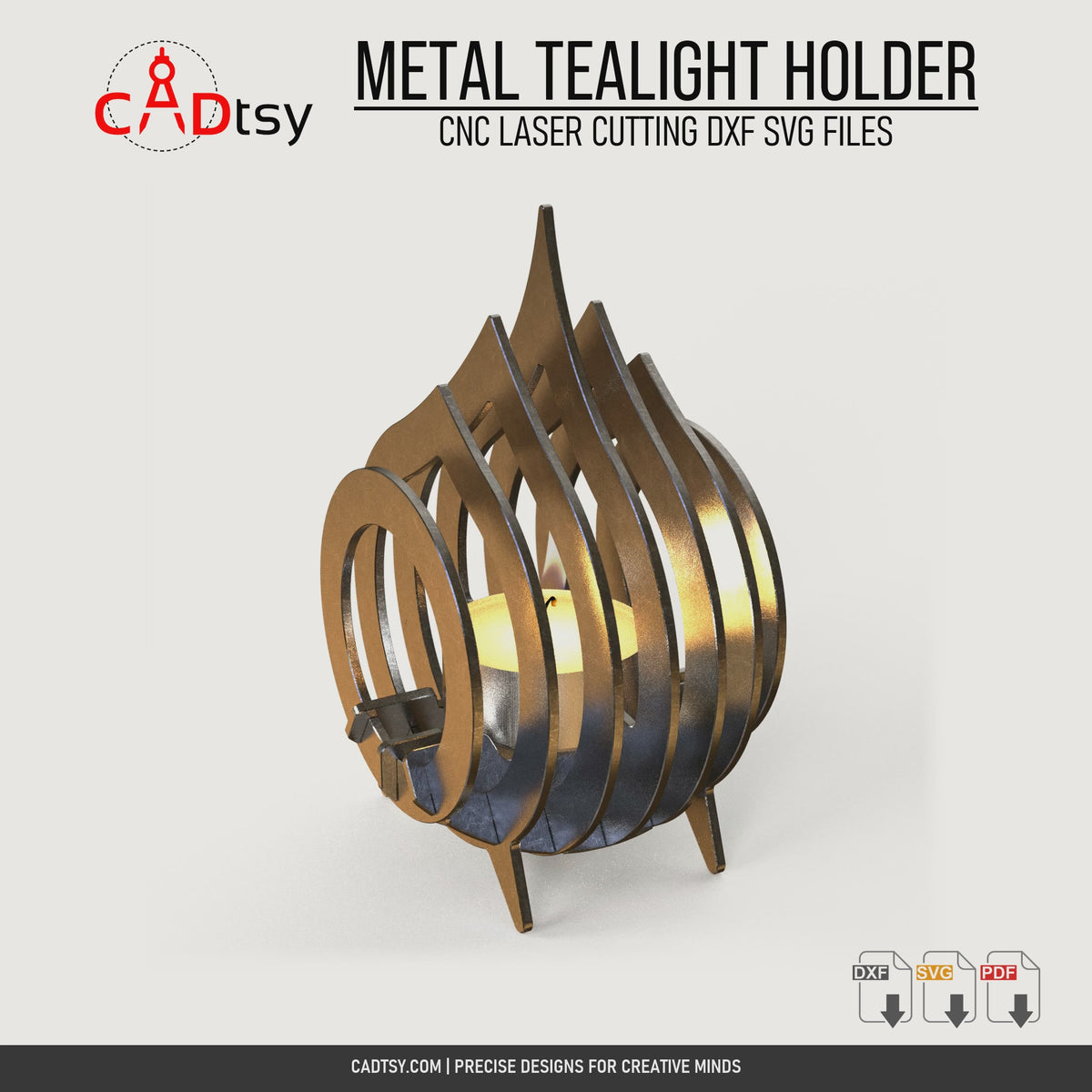 Rotating view of the layered metal tealight candle holder with a warm light