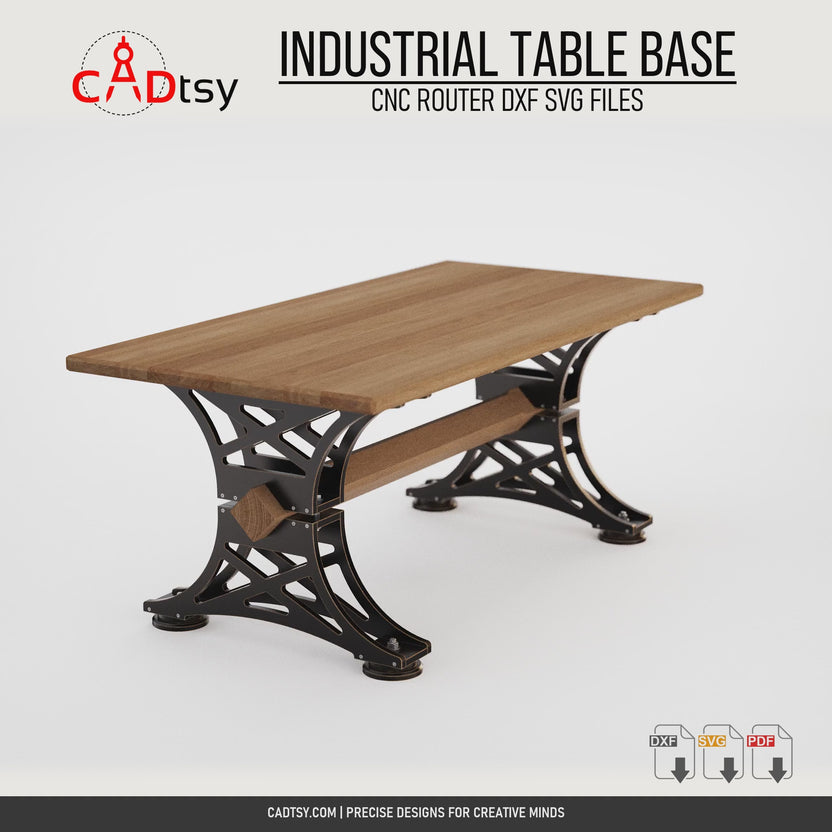 Rotating view of an industrial plywood table base with curved double-panel end frames