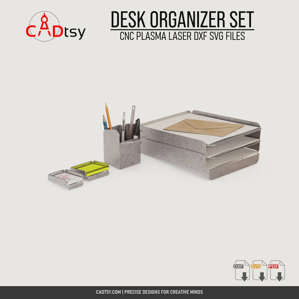 Full rotating views of the four-piece modern metal desk organizer set