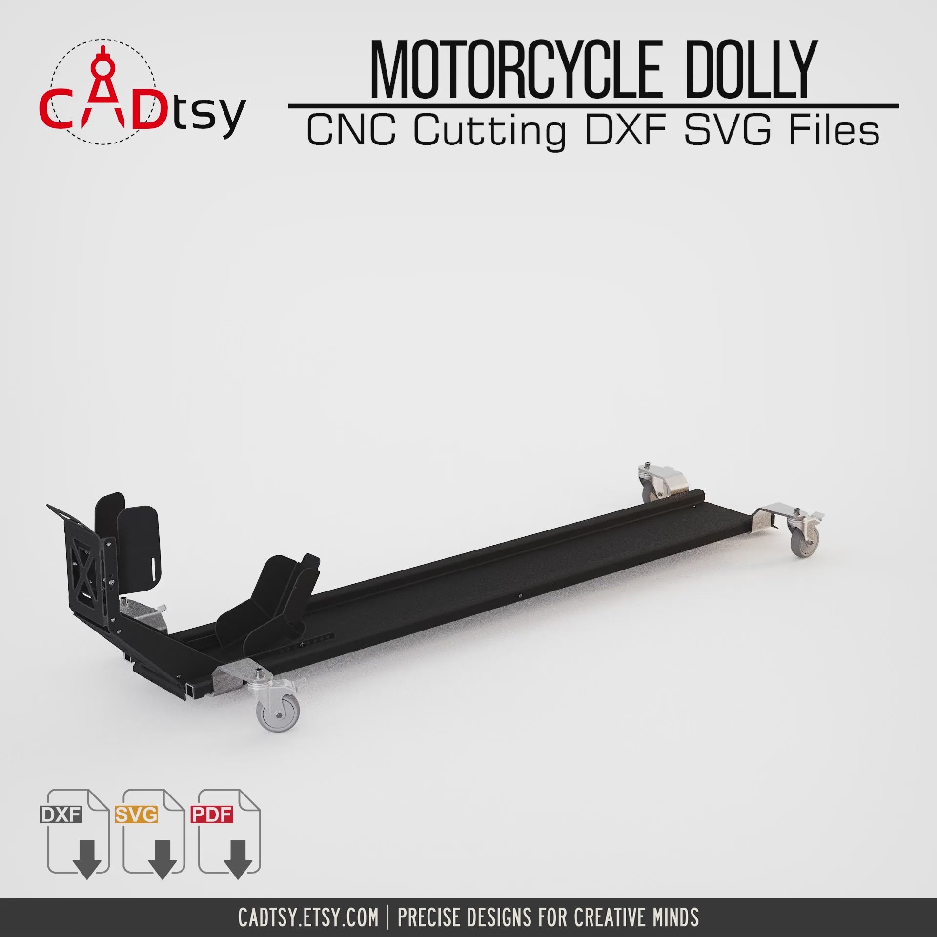 Industrial motorcycle dolly finished project made from a CNC cut file, designed for easy maneuvering in tight workshop spaces.