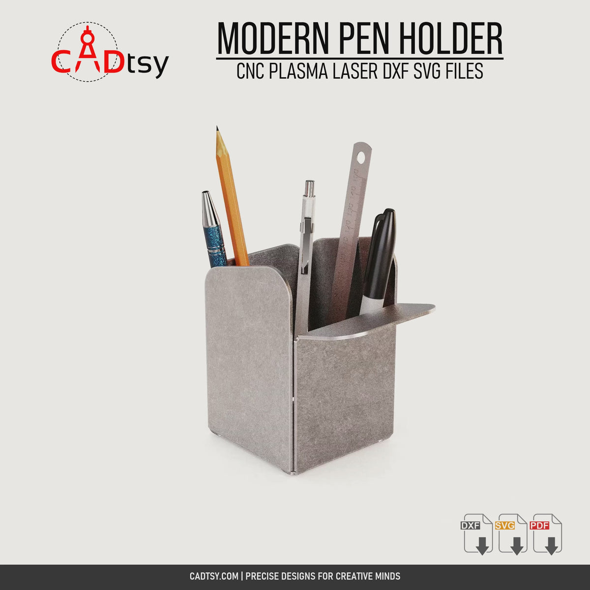 Rotating views and flat pattern of the modern two-compartment metal pen holder