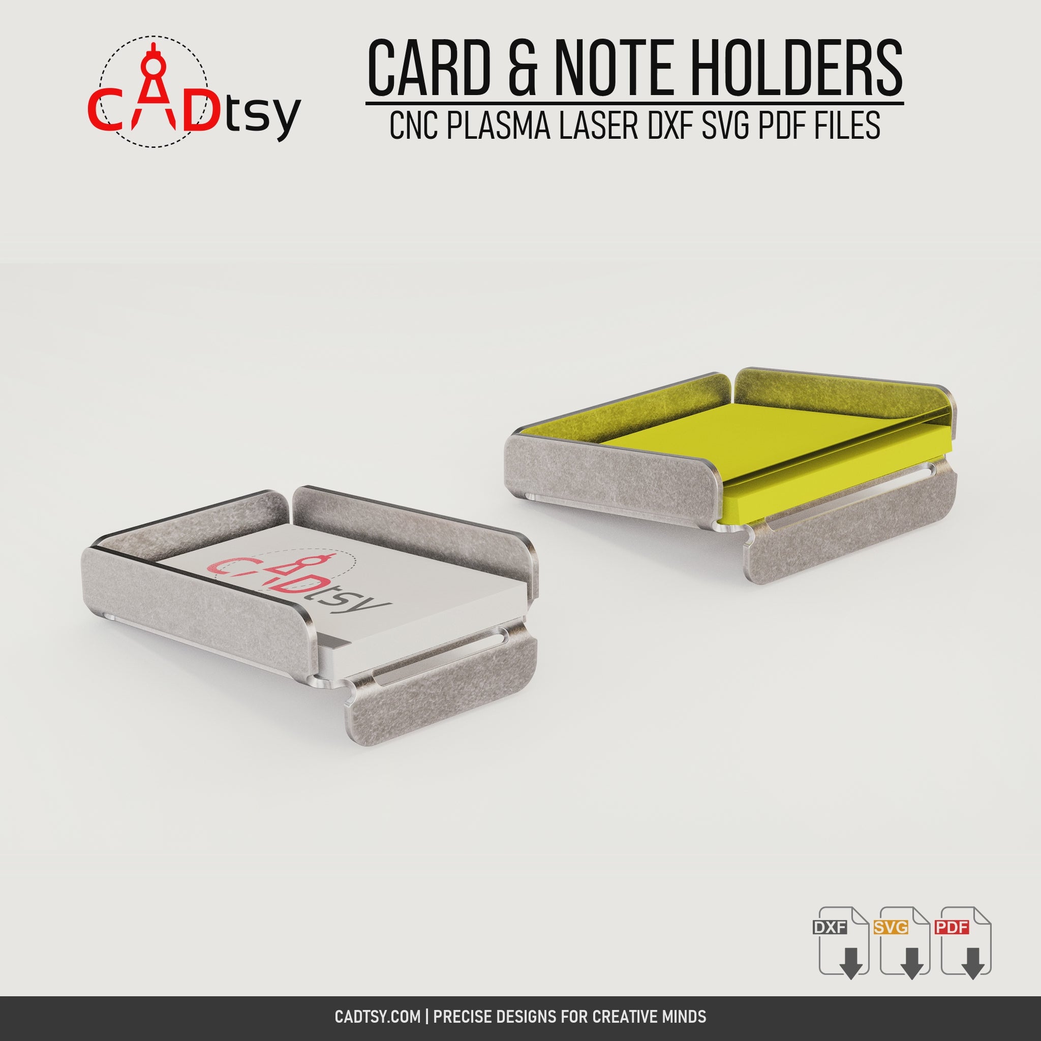 Metal business card and sticky note holder set shown from multiple views with flat patterns