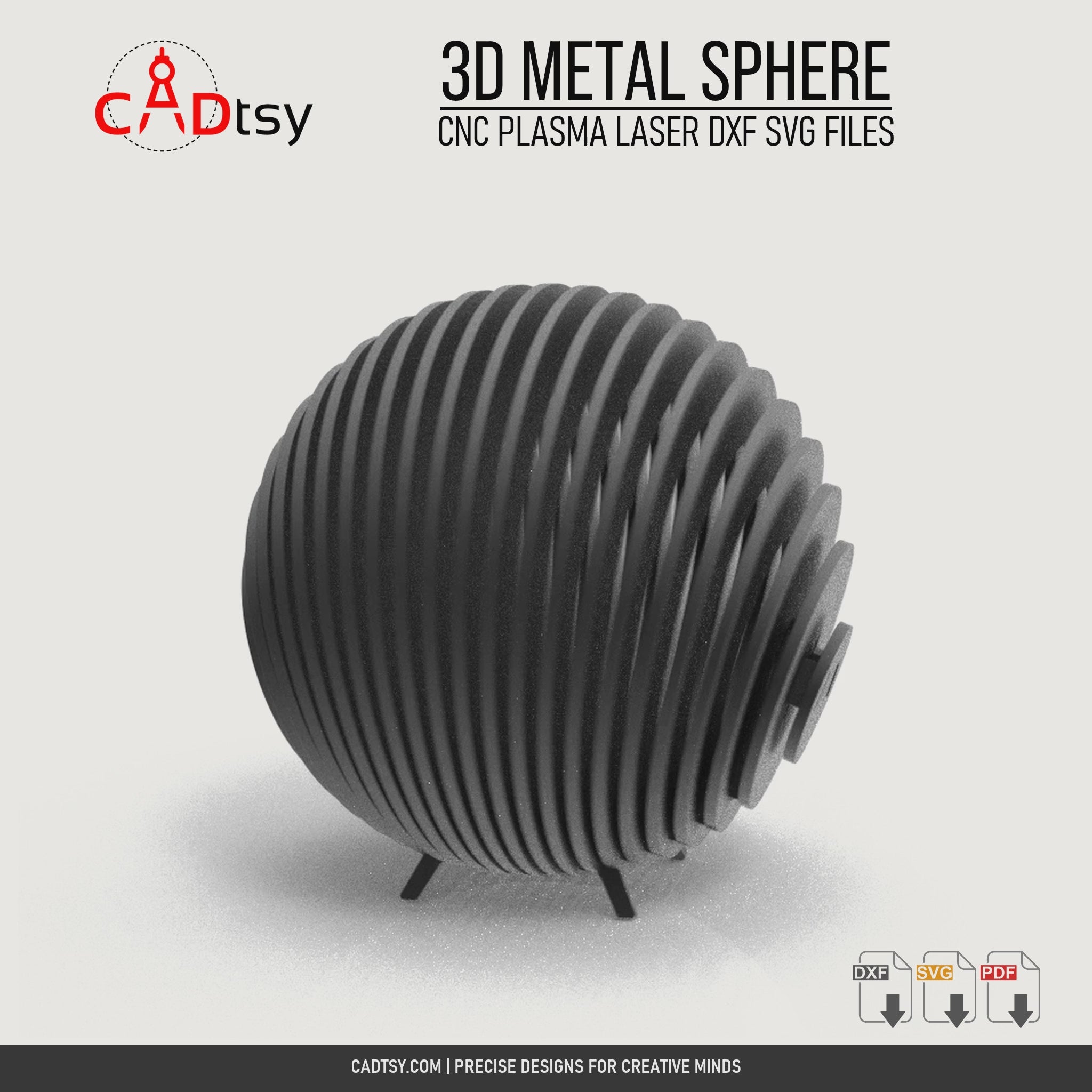 Rotating view of the freestanding ribbed 3D metal sphere sculpture