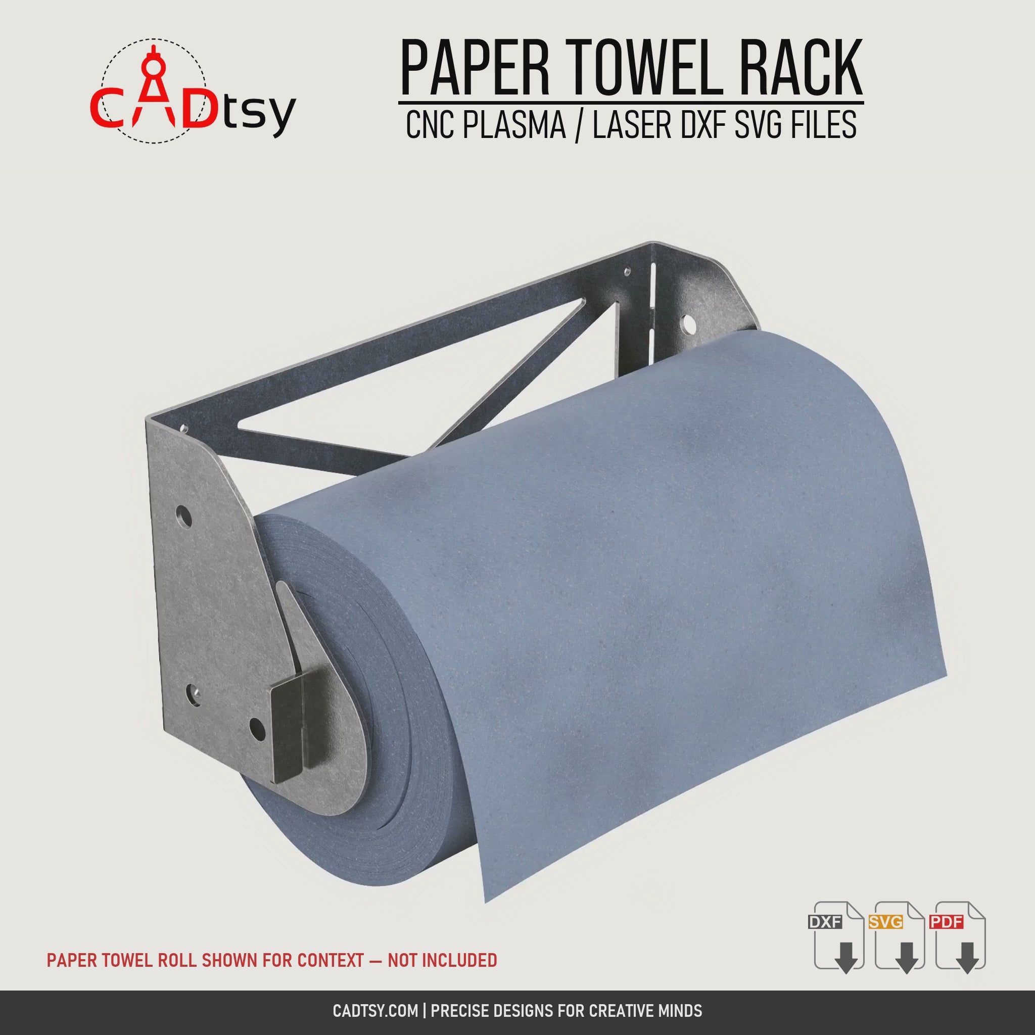 Branded rotating view of the metal paper towel rack with a roll shown for context