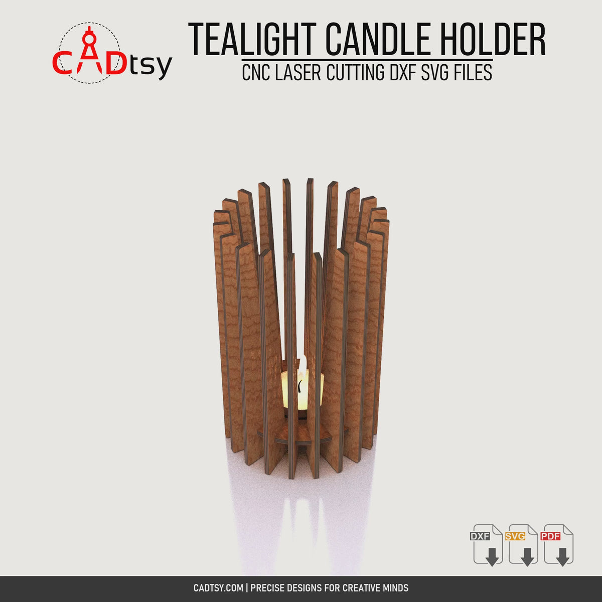 Rotating view of the assembled cylindrical wooden tealight candle holder