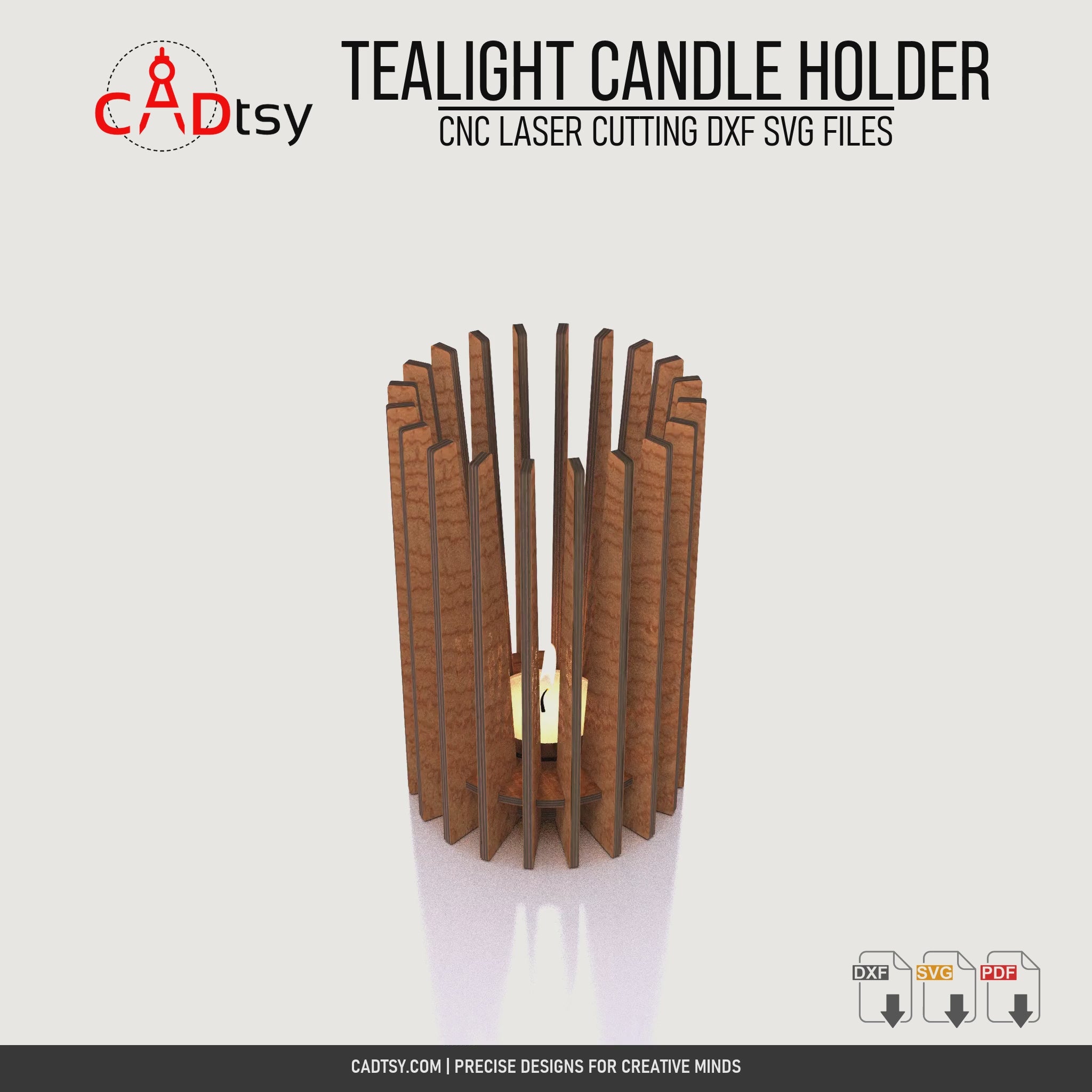 Rotating view of the assembled cylindrical wooden tealight candle holder