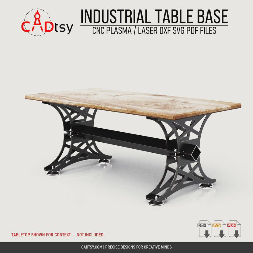 Branded 3D rotation of the industrial steel table base with tabletop shown for context