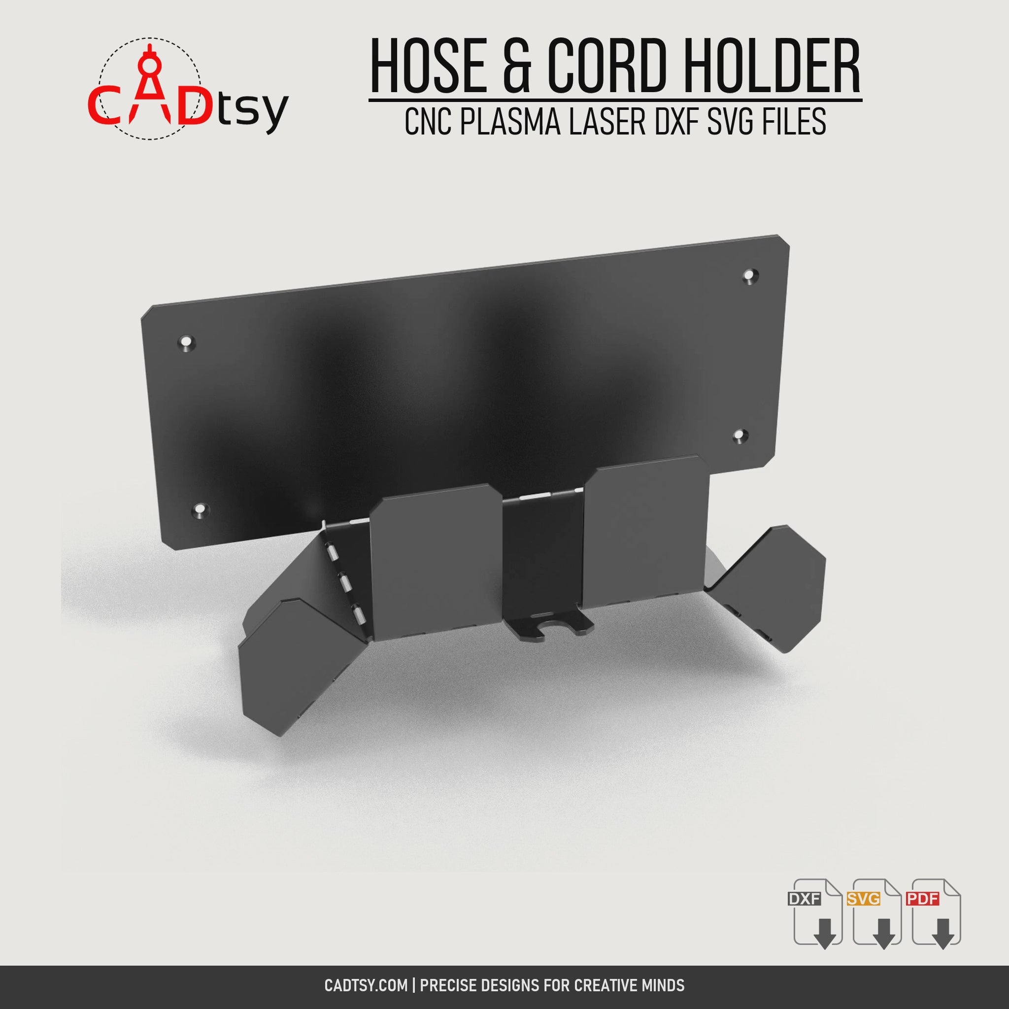 Rotating view of the formed metal air hose and extension cord holder