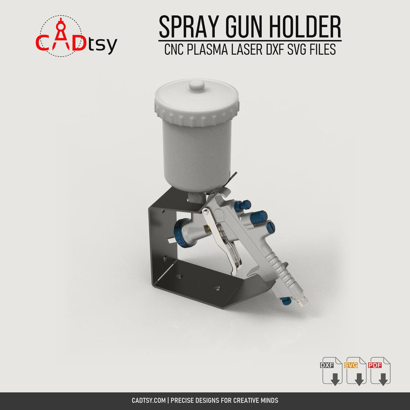 Rotating view of the wall-mounted metal spray gun holder with an HVLP paint gun