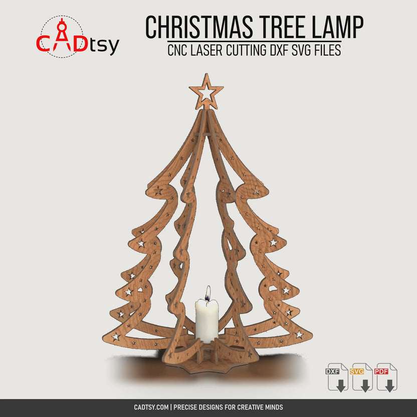 Rotating view of the assembled wooden Christmas tree lamp with LED tealight