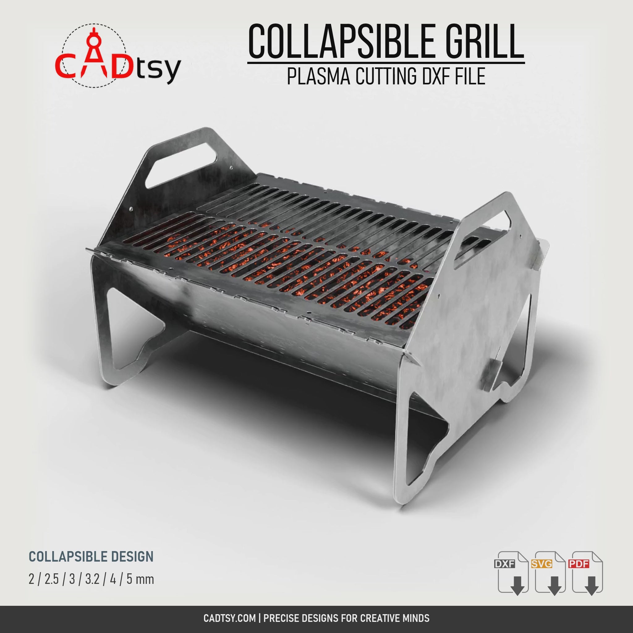 360-degree view of the collapsible steel grill, with six included thickness versions and digital CNC file information.