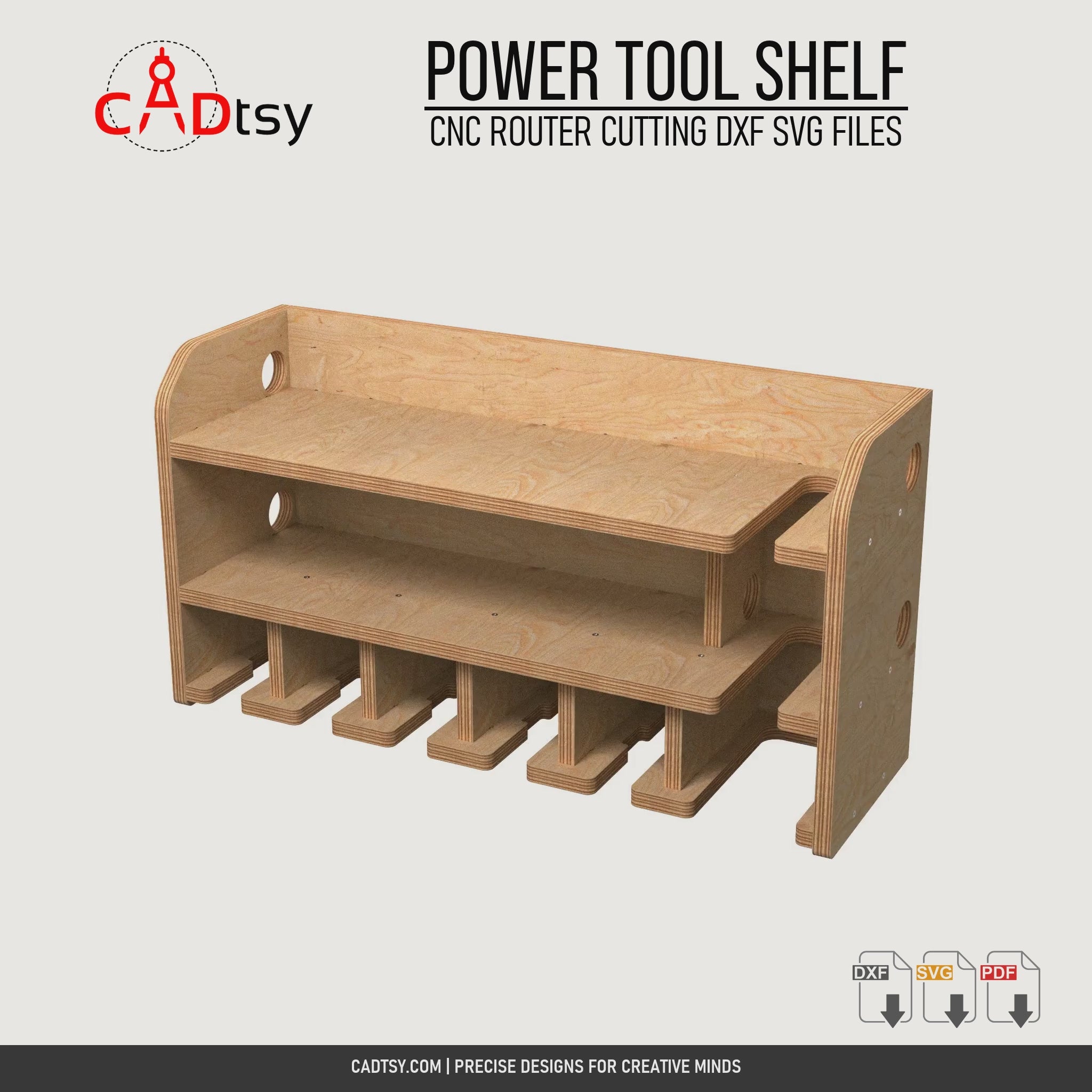 Rotating view of the assembled six-slot plywood power tool shelf for CNC router cutting