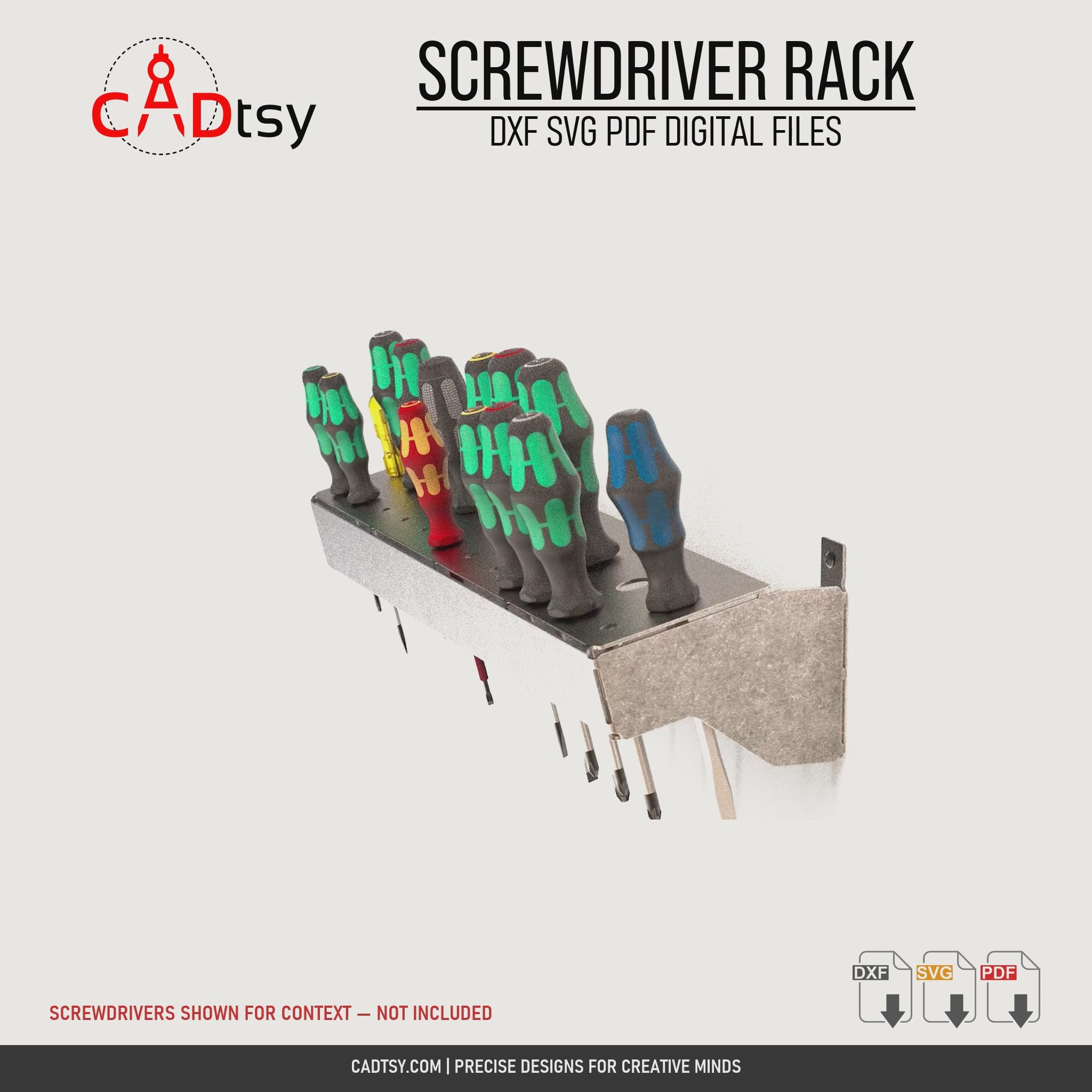 Metal screwdriver wall rack shown rotating with finished dimensions and one-piece flat cut layout; screwdrivers not included
