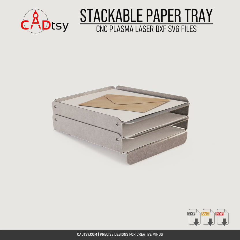 Rotating and exploded views of the stackable modern metal paper tray