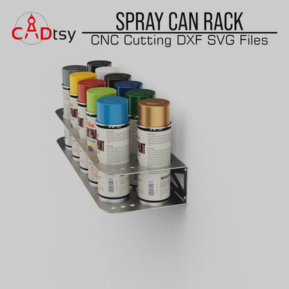 Spray Can Rack DXF SVG Laser Plasma Cutting Files - A workshop tool organizer designed to hold 11 spray cans, shown with precision CNC cutting patterns in DXF and SVG file formats.