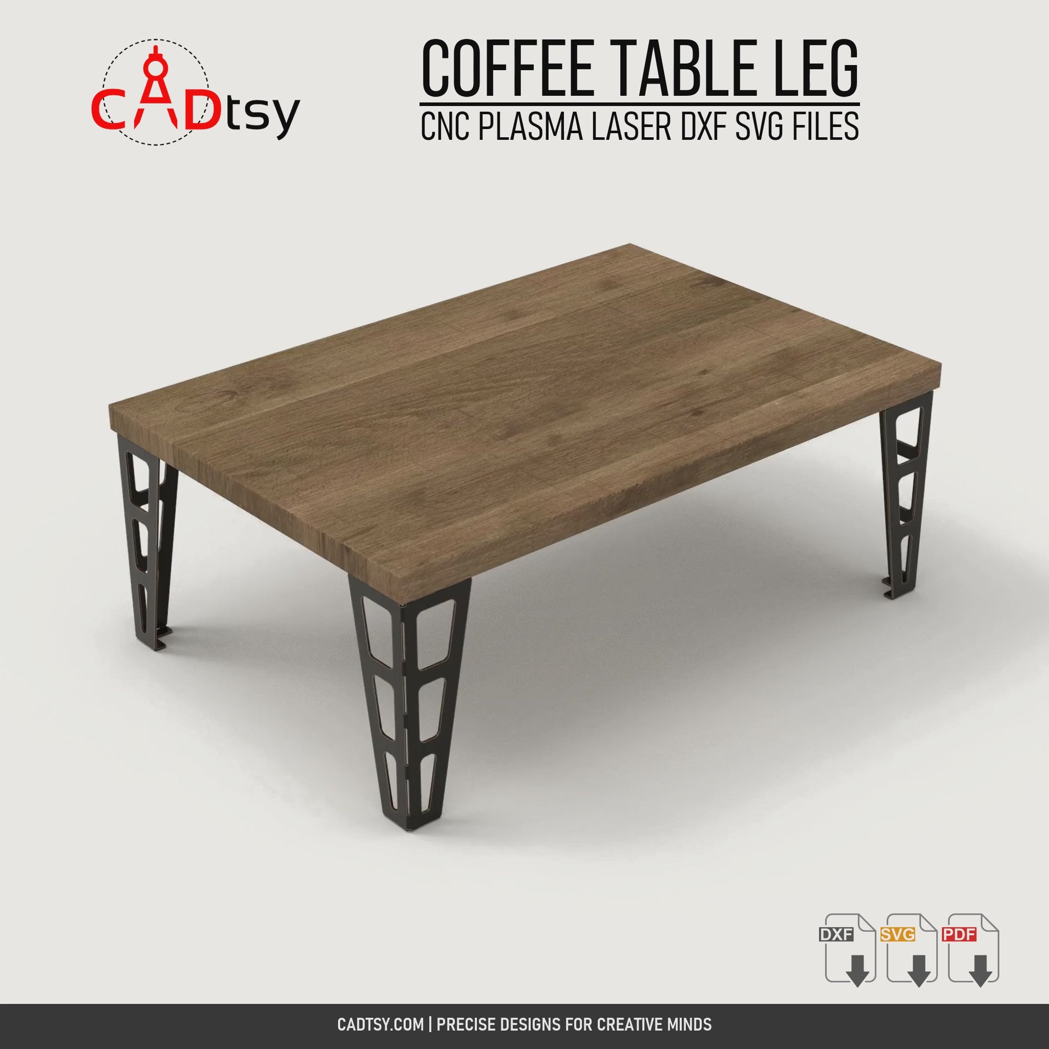 Rotating view of a coffee table fitted with three-slot sheet metal legs