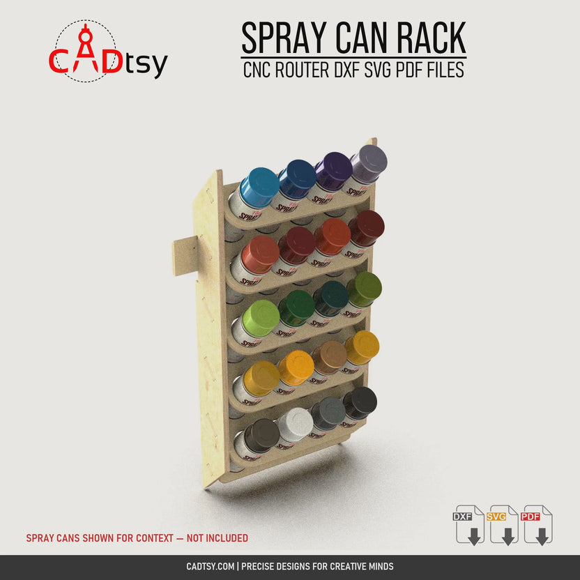 Rotating view of the wall-mounted plywood spray can rack; spray cans shown for context and not included