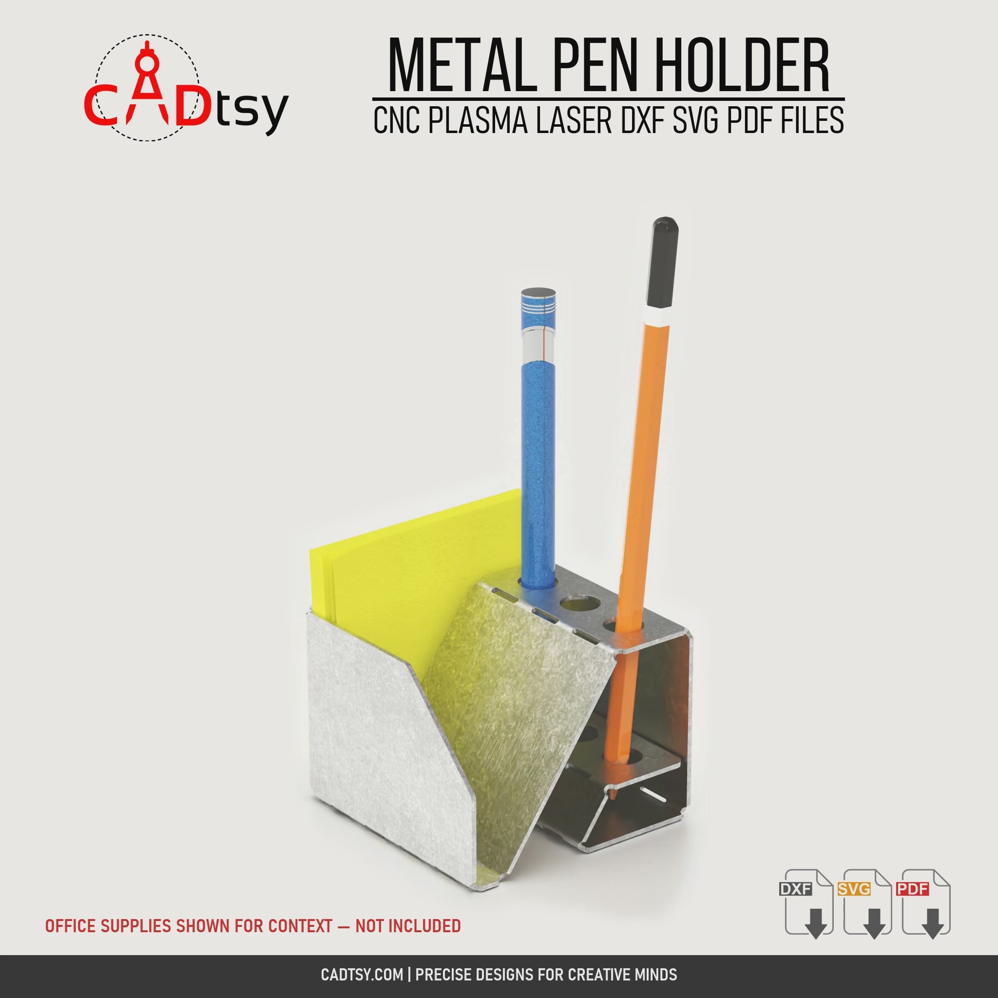 Rotating view of the compact bent-metal pen holder with office supplies shown for context