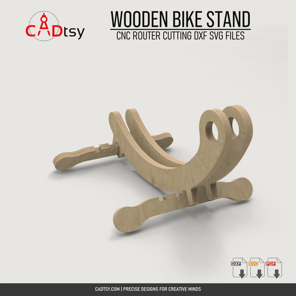 Rotating views of the CNC-cut wooden floor bike stand